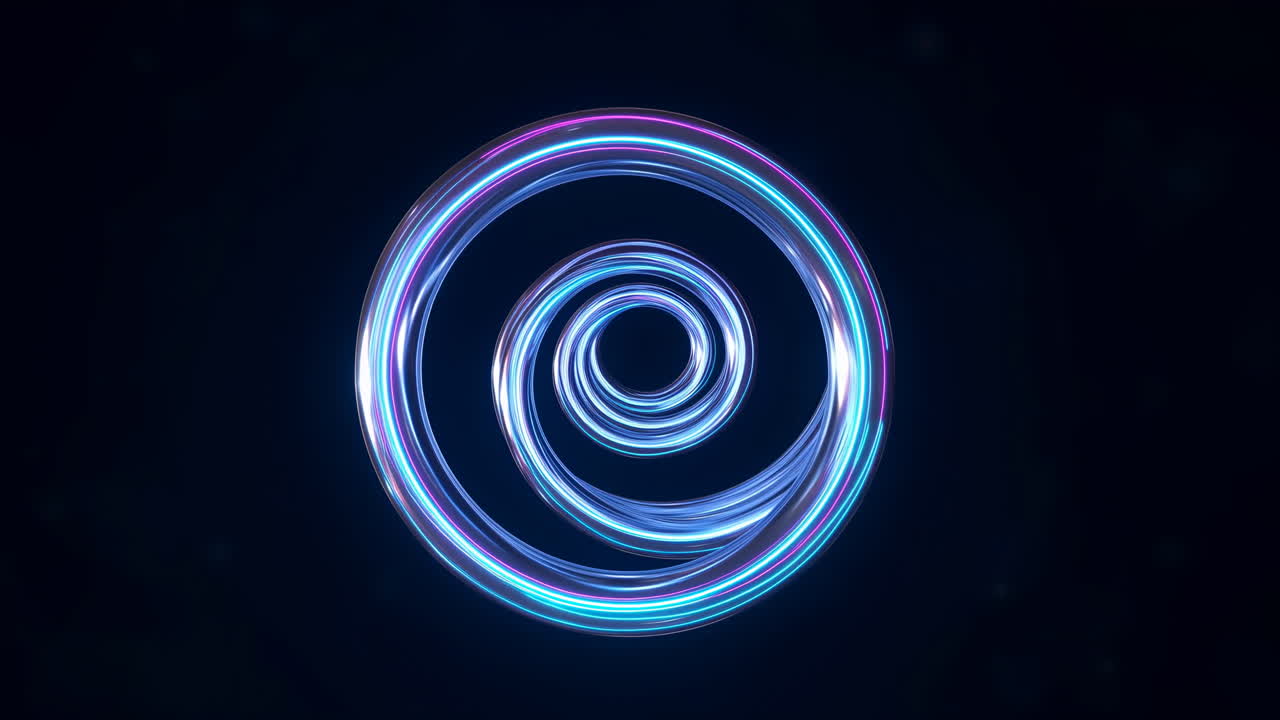 Grafis gerak fiksi ilmiah cincin portal energi spiral neon bercahaya dengan sapuan cahaya cyan dan magenta yang memancar.