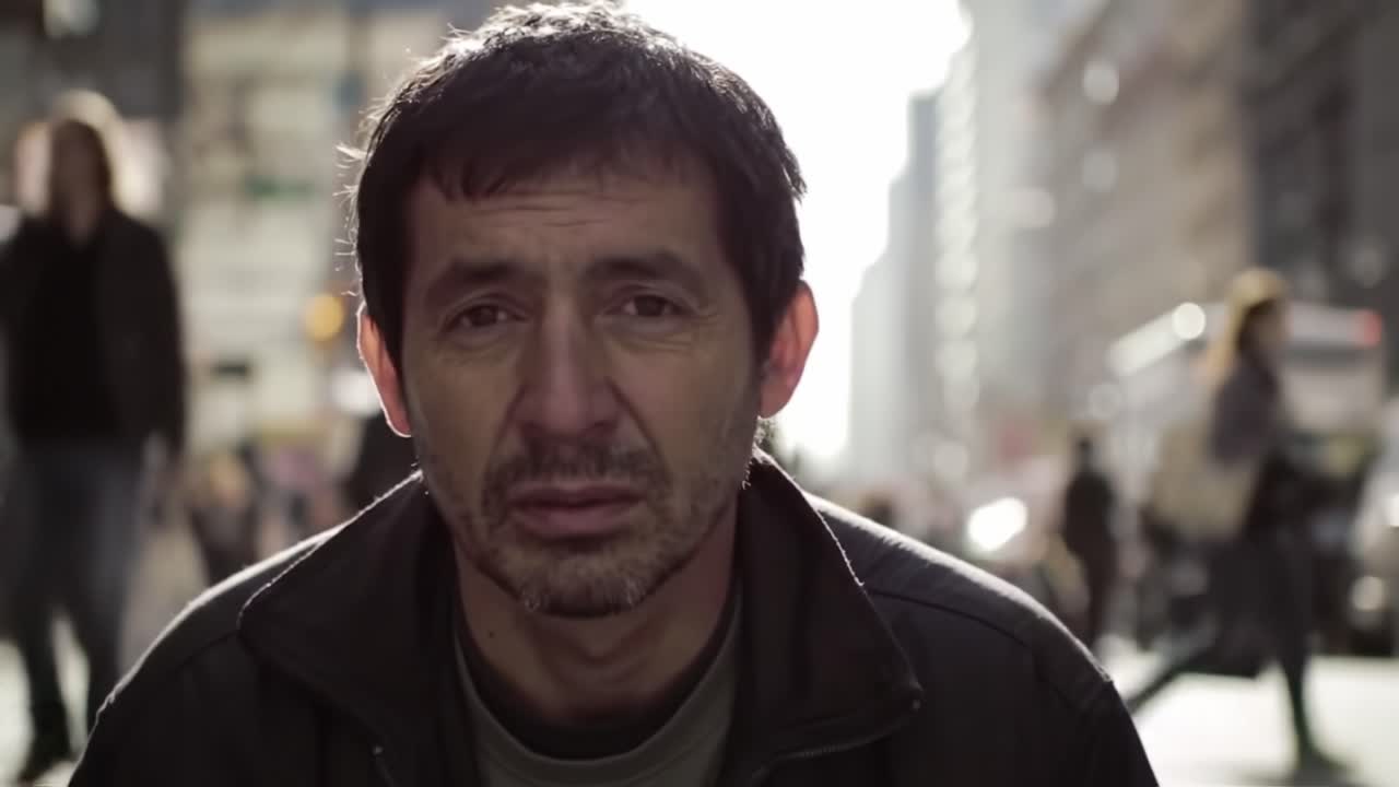 A man with a contemplative expression sits on a bustling city street, surrounded by pedestrians.