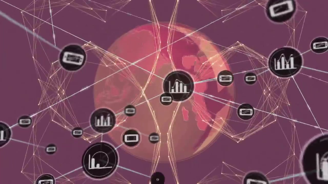 Luminous spherical mesh appearing on plum backdrop spawning icons, joining lines, mapping network