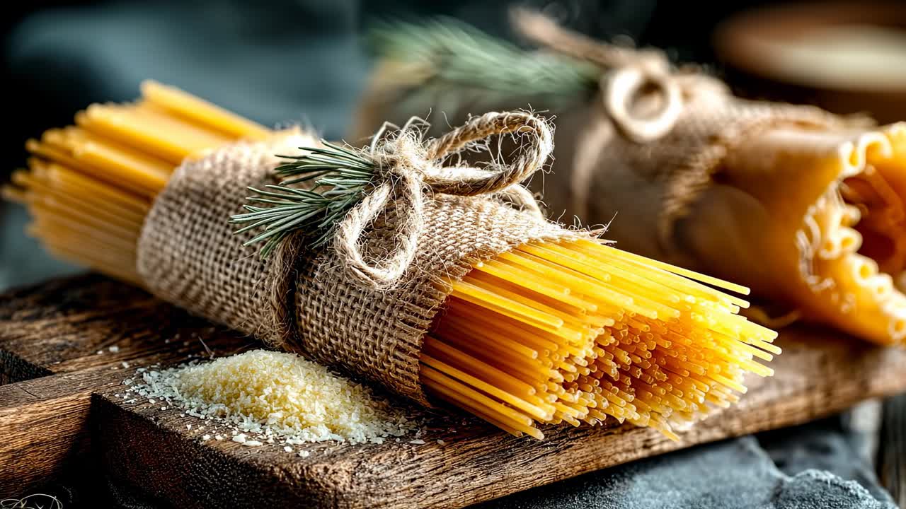 La pasta è ordinatamente legata con spago su un tagliere di legno accanto a del formaggio. La scena mostra una semplice disposizione della cucina.