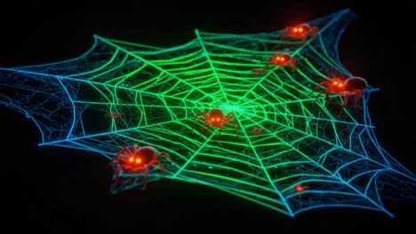 a captivating visualization of a colorful spider web with glowing spiders: an intricate display of nature's web and predatory creatures in a digital art style