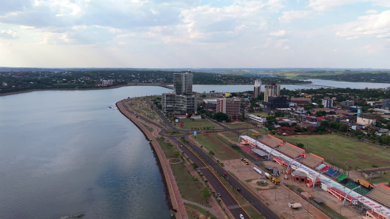 Aerial view of promenade in Encarnación, Paraguay, samba parade venue