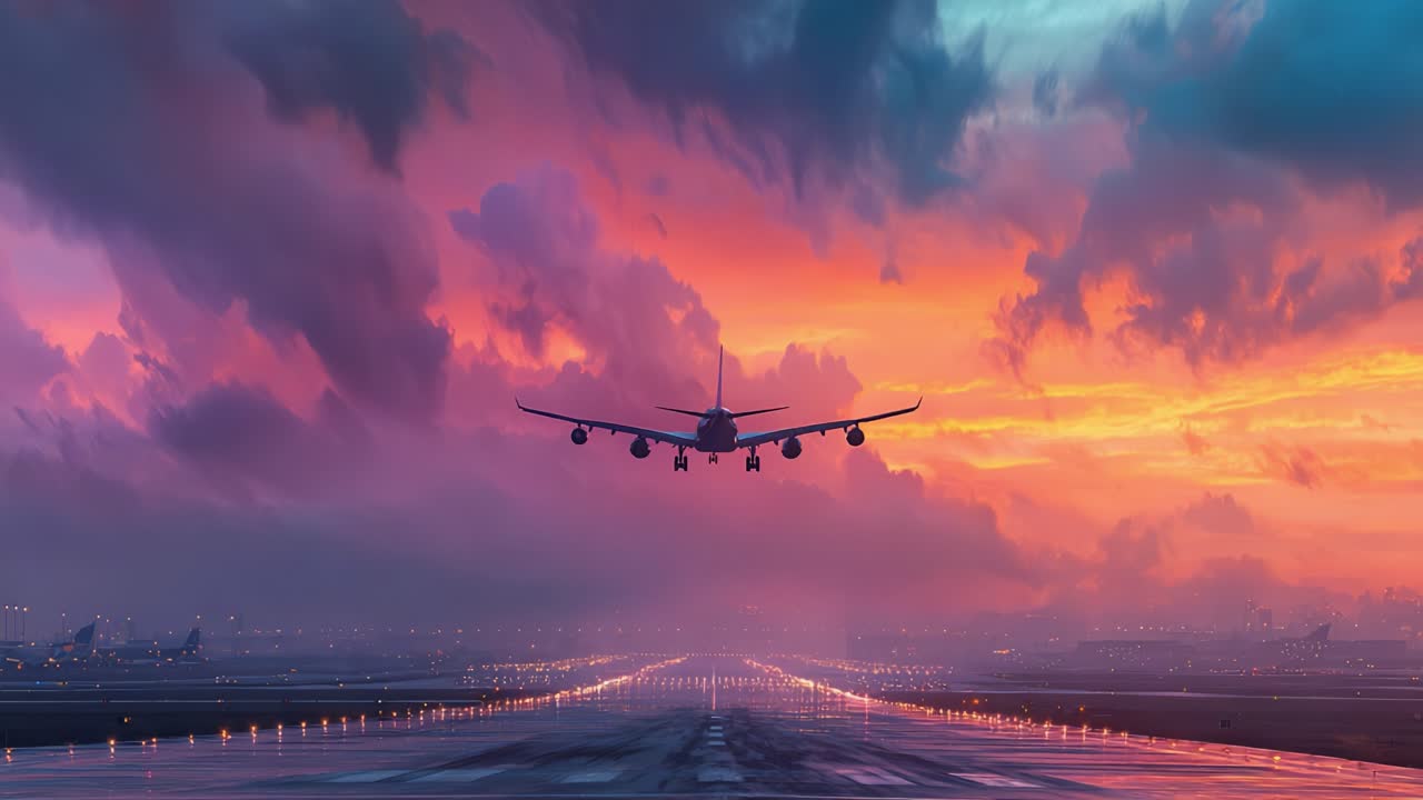 A Majestic Aircraft Descends Gracefully Towards a Vibrantly Colored Horizon During Sunset, Highlighting the Beauty of Flight and Nature's Palette