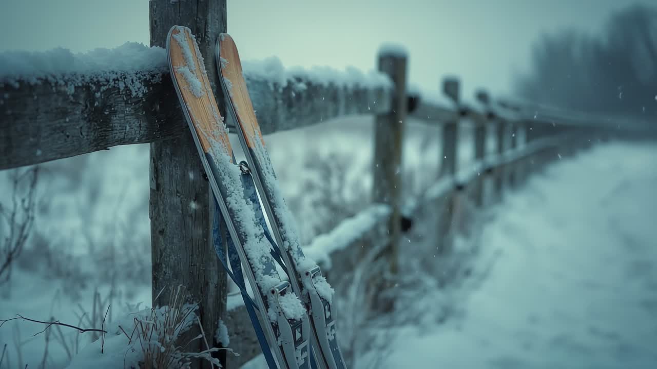 Soffici fiocchi di neve che scendono da un cielo grigio su sci e recinzioni di legno, ricoprendo un sentiero innevato