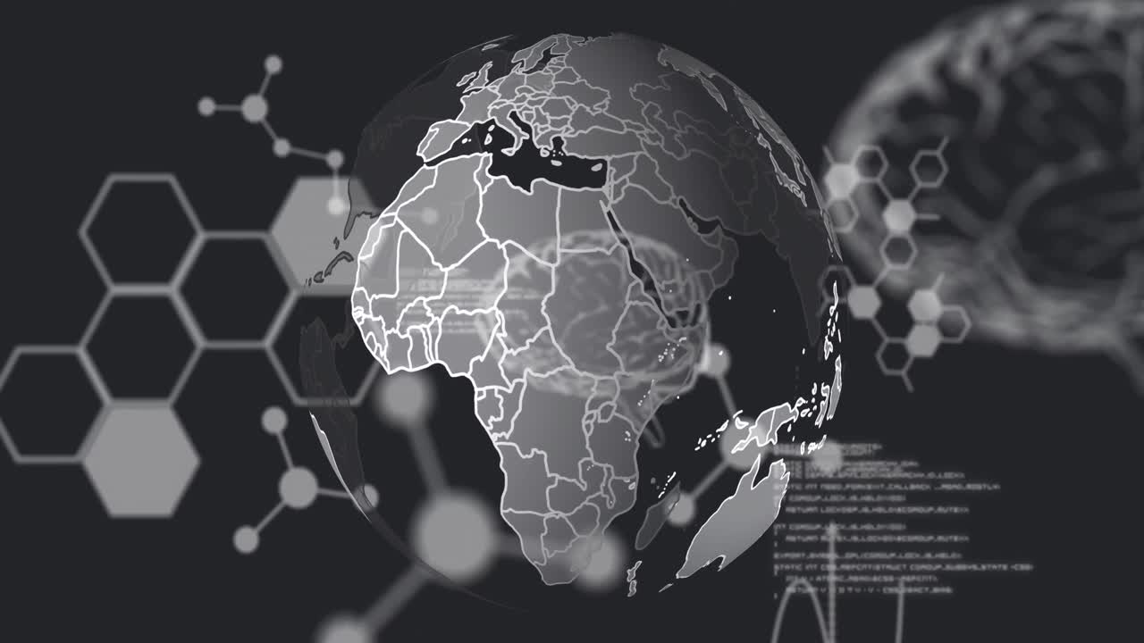 animación del globo sobre fórmulas químicas y cerebro sobre fondo negro
