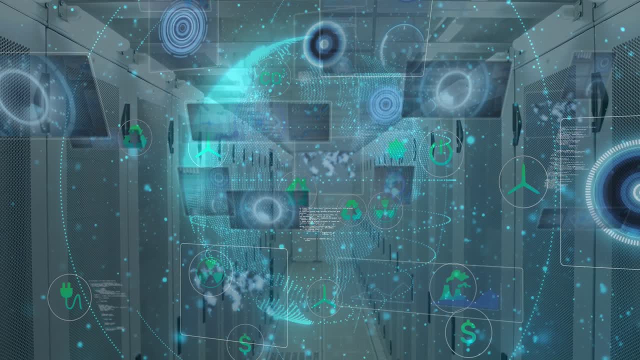 animazione di scanner rotondi e elaborazione dei dati su un globo contro la sala server del computer