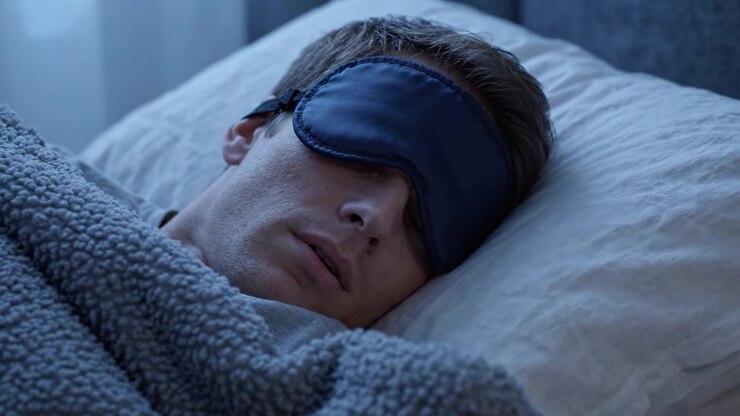 Un Ambiente di Sonno Tranquillo: Un Giovane che Riposa Comodamente a Letto con una Maschera per Dormire e una Coperta Accogliente per un Riposo Notturno Sereno