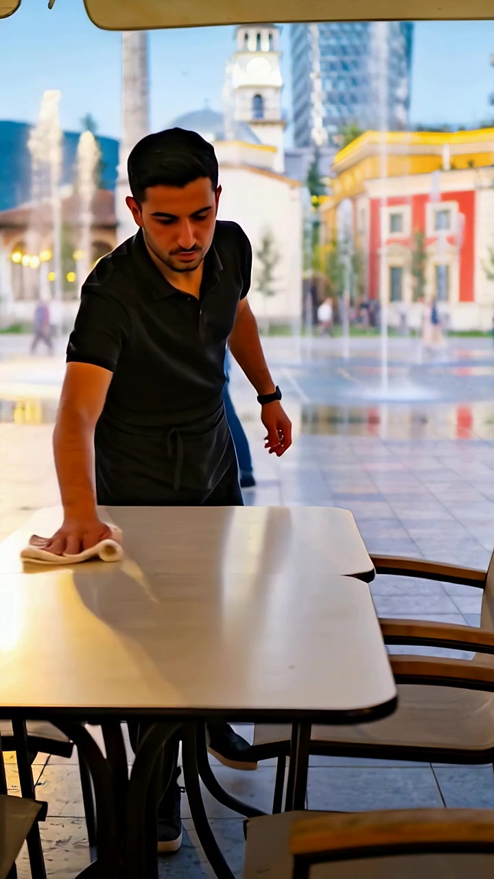 Vertical video: Approaching tables, cafe server wiping tables on patio with cloth, apron, readying