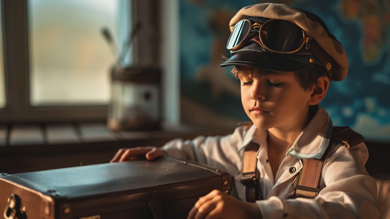 Little boy dressed as an airplane pilot, holding a vintage suitcase in his room adorned with a world map, preparing for an exciting journey filled with adventure and discovery