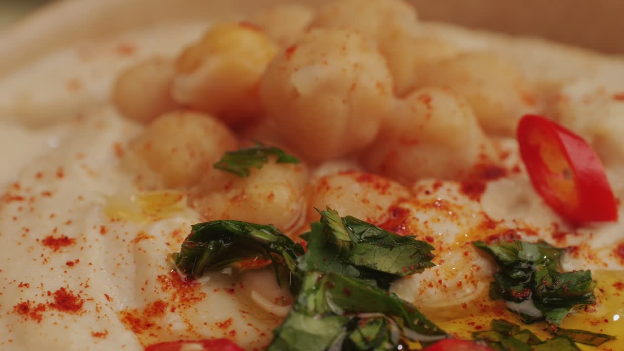 Hummus among fresh vegetables on table close-up. Hummus garnished with chickpeas, olive oil, spices and greens. Hummus or fava, a hearty snack of legumes. Kosher healthy vegan food. Lean, vegetarian dish