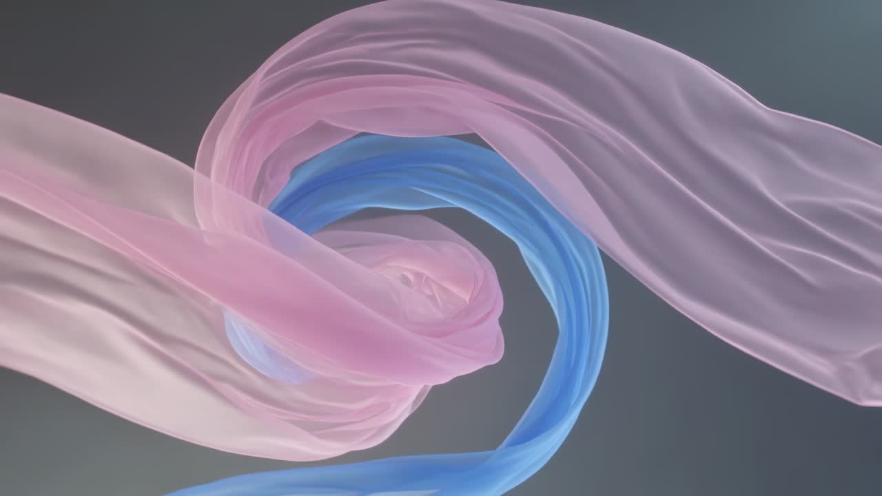 Duas fitas finas rosa e azuis deslizando, torcendo-se das bordas para o centro em espiral sobre um fundo cinza