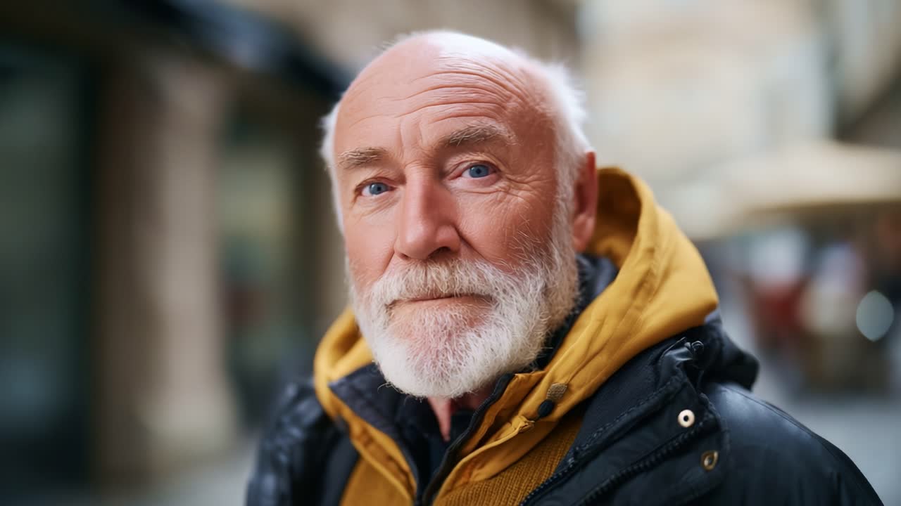 Un uomo anziano riflessivo con la barba e un sorriso caloroso è in piedi all'aperto, mostrando un comportamento sereno con sottili espressioni di saggezza e gentilezza in una via della città