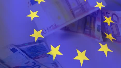 eu flag waving against euro bills falling