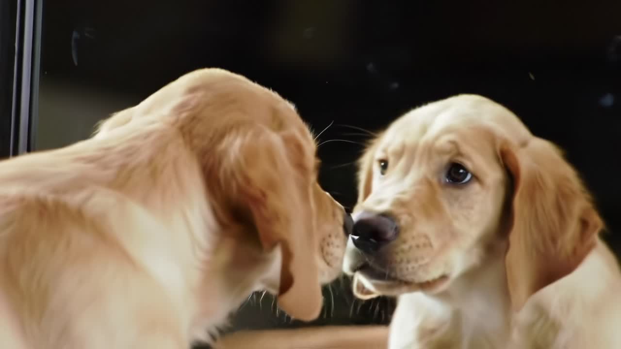 Two playful golden retriever puppies engaging with their reflections, showcasing curiosity and the joy of discovery in a heartwarming setting