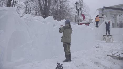 ice sculpture construction in a winter park