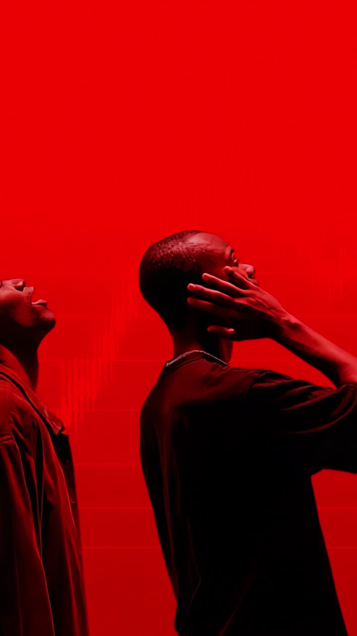 Dynamic Expressive Pair in Red Lighting: Captivating Interaction Between Two Individuals Evoking Emotions in a Minimalist Scene with Striking Color Contrast