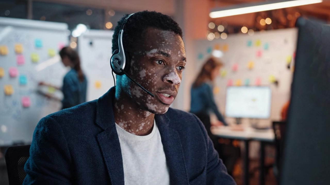 Fokuserad yrkesperson vid skrivbord med headset och ansiktsmarkeringar, engagerad i arbete i en dynamisk kontorsmiljö fylld med kollegor och kreativa inslag