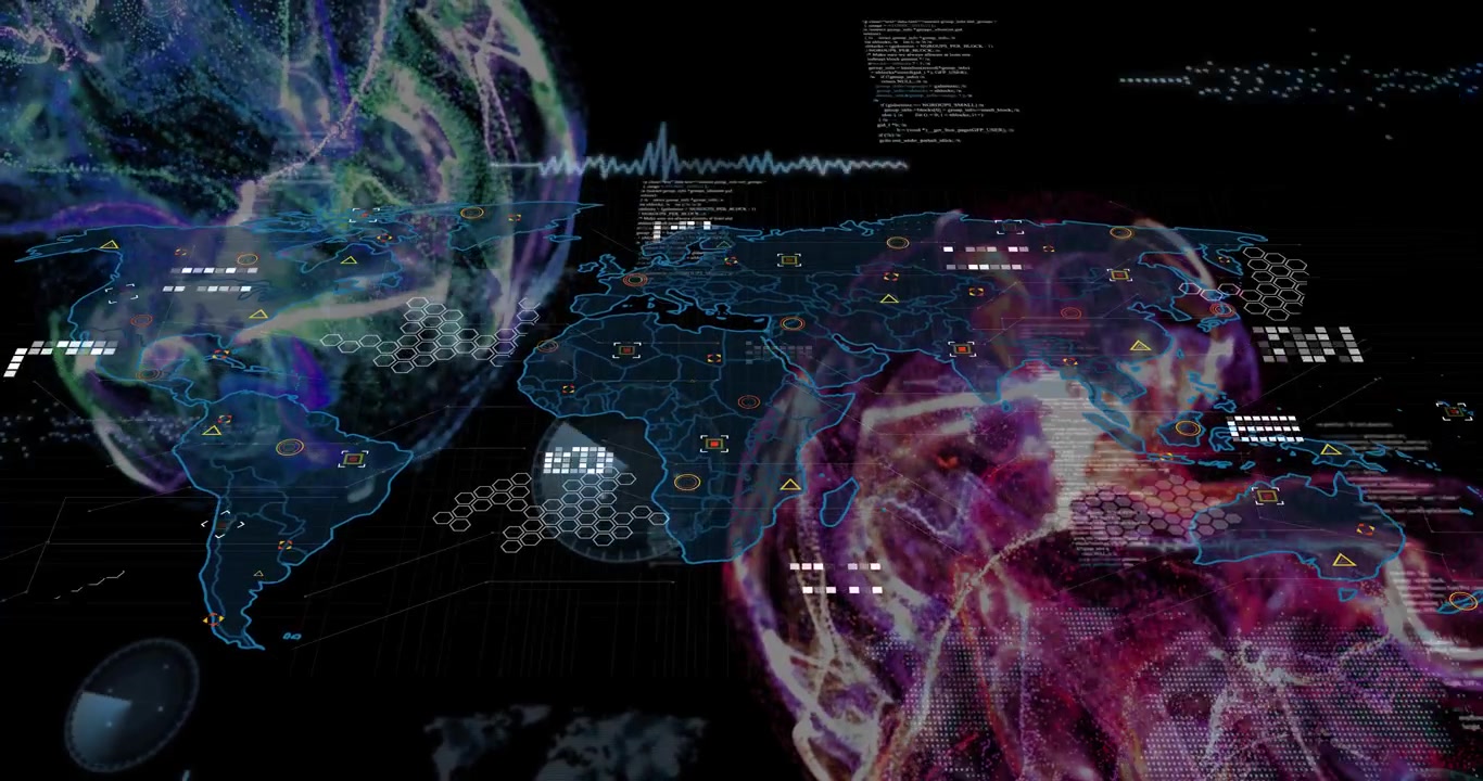 Camera pulling back, neon map stabilizing, spawning particle spheres, HUD nodes showing tech data