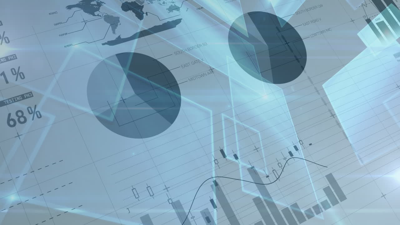 Animation of statistics and data processing over screens on white