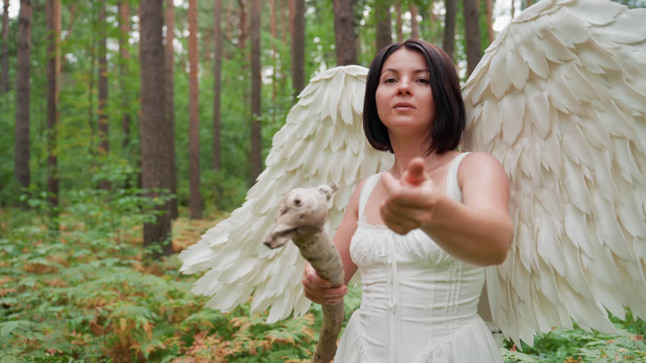 Ragazza con ali maestose vestita di bianco in piedi in una verdeggiante foresta che tiene in mano un bastone di legno e allunga la mano in avanti compiendo un gesto magico, come lanciare un incantesimo in un bosco incantato