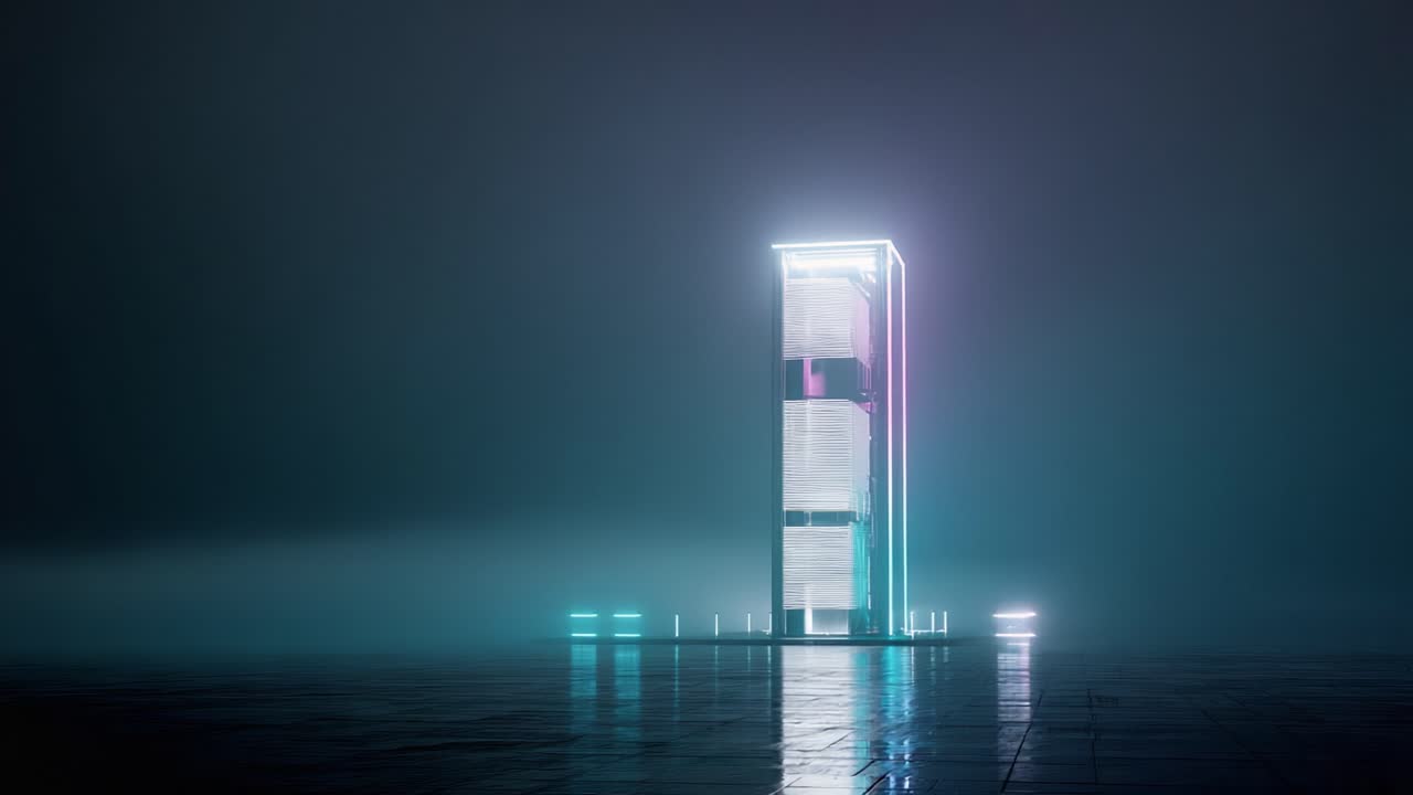 Towering server rack data center glowing with vibrant pink and cyan neon lights, emerging from a dense fog with reflections on a wet, dark floor, representing cloud computing and technology