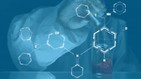 Animation-of-chemical-formulas-over-hands-of-male-lab-worker-pouring-liquid-into-lab-glass