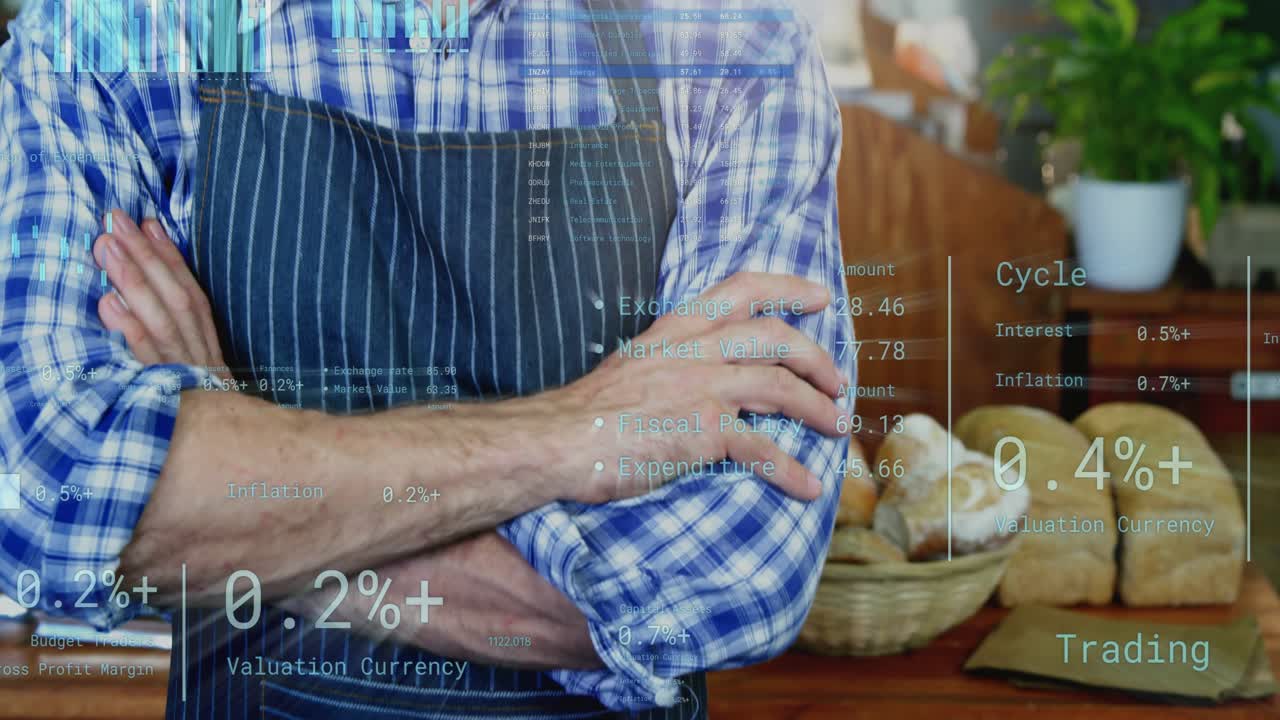 Bakery owner celebrating bread sales growth while camera panning up, financial overlays shifting