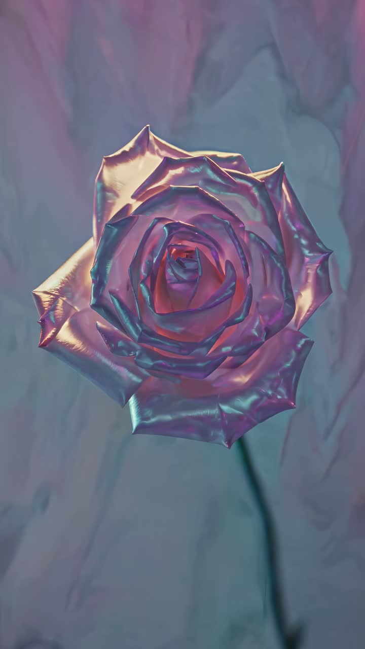 A close-up shot of a metallic rose with iridescent hues, creating a surreal, futuristic vibe