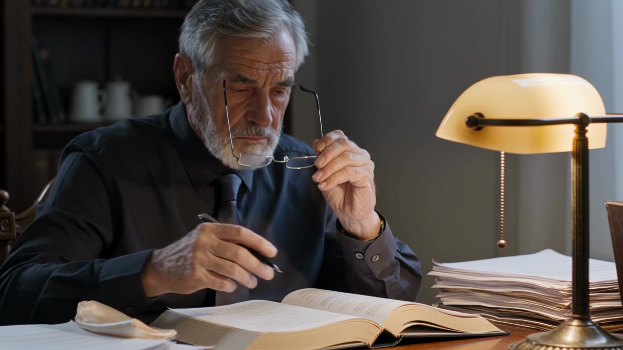 Hombre mayor inspeccionando lentes, vistiendo camisa oscura y corbata, limpiando gafas y anotando en un libro en un escritorio.