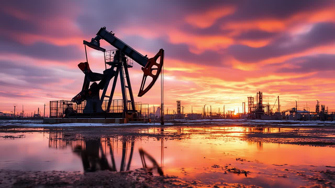 Bilanciere di estrazione petrolifera sagomato contro un tramonto mozzafiato riflesso nel terreno bagnato, che cattura la bellezza delle operazioni industriali in un paesaggio naturale.