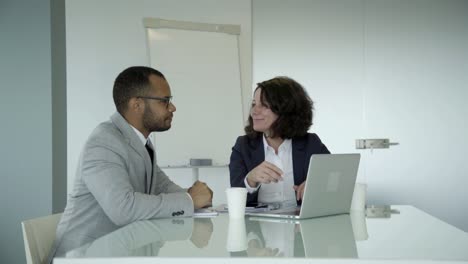 consultor de negocios alegre hablando con un cliente en la oficina