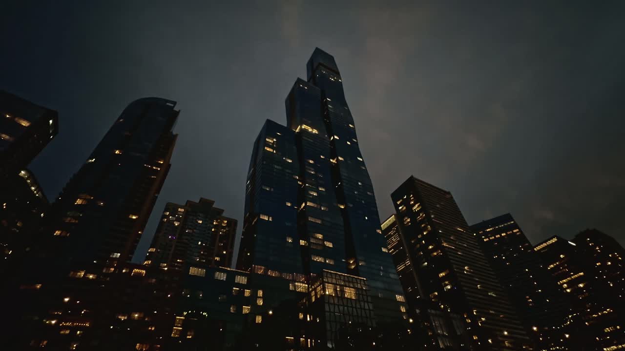 A cinematic low-angle shot of illuminated skyscrapers in downtown Chicago during twilight. The city lights reflect off the glass windows as dusk settles in.
