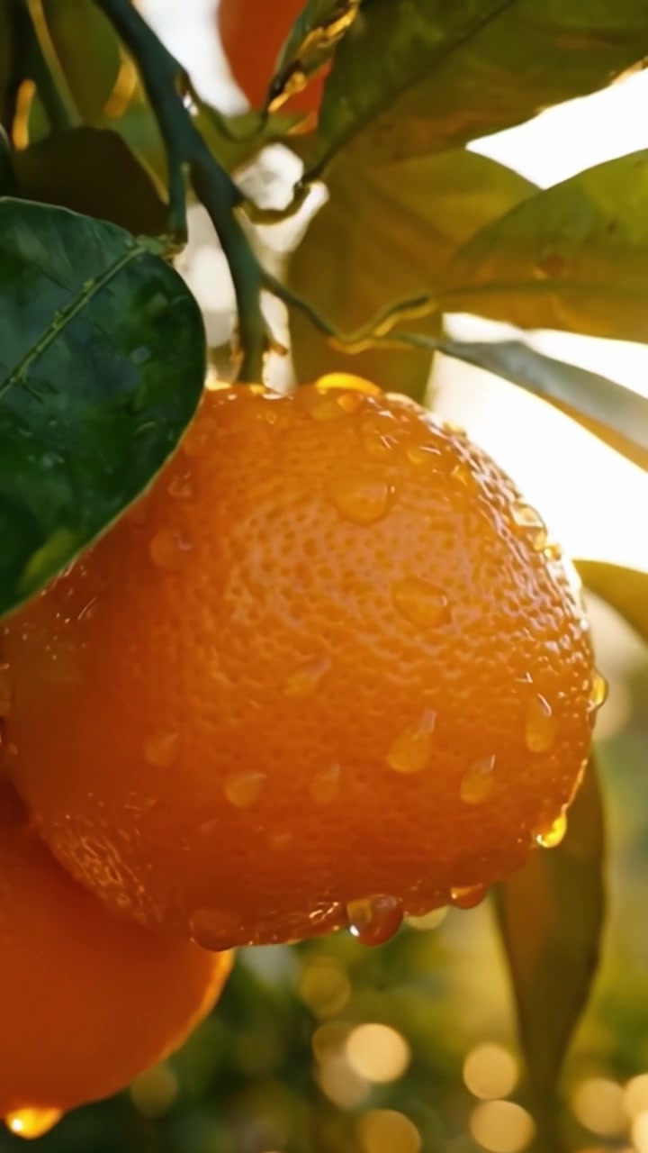 Arance vivaci aggrappate a rigogliosi rami verdi, che brillano sotto la luce del sole con fresche gocce di rugiada, mostrando il delizioso frutto della natura nel suo habitat naturale