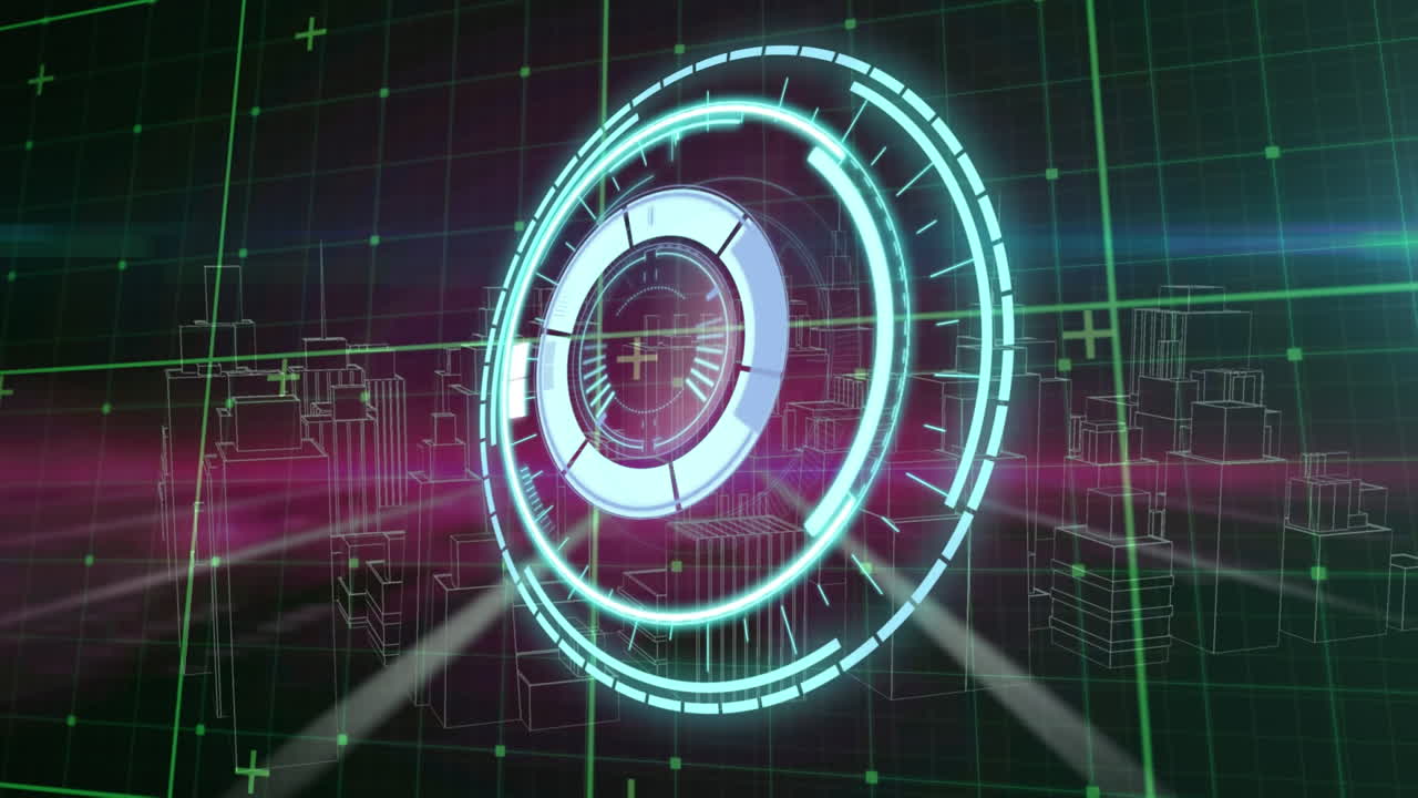 검은색과 분홍색 공간에서 다양한 데이터와 메타버스 도시에 대한 처리 원의 애니메이션