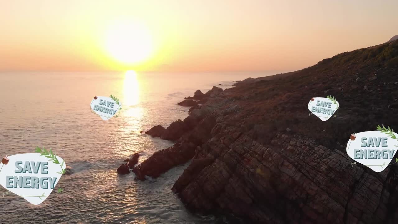 animación de texto de ahorro de energía, iconos de sostenibilidad y ecología sobre el paisaje.