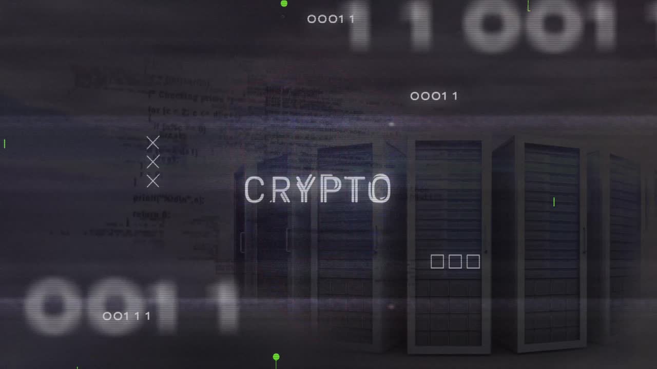 Animation of crypto text, binary codes, computer language over data server racks