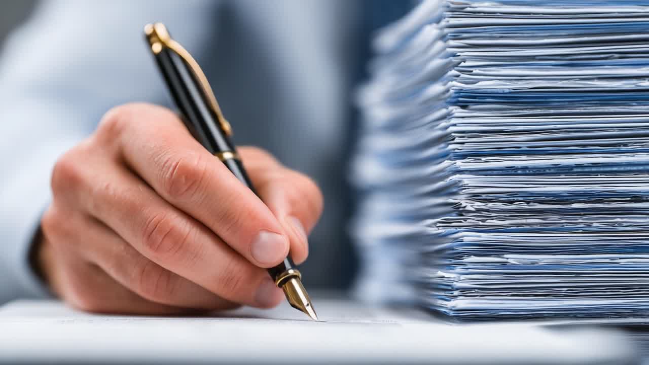 A Close-Up View of a Hand Holding a Pen Writing on a Document with a Stack of Paperwork in the Background, Representing Office Workflow and Administration