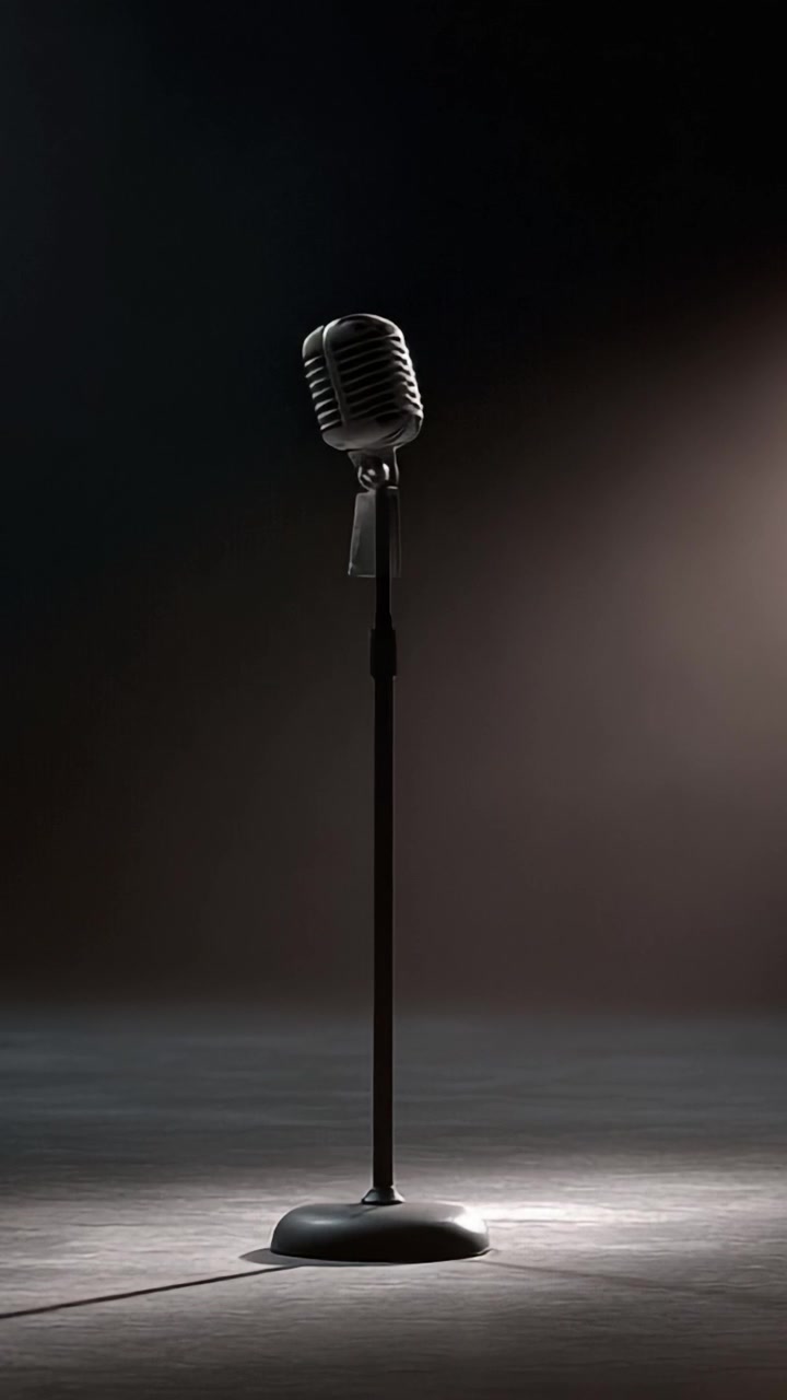 An Elegant Vintage Microphone Standing Alone in a Dramatic Spotlight, Symbolizing Music and Performance in a Captivating Atmosphere