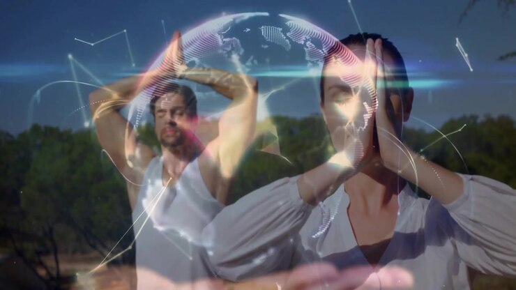 Woman and man pressing palms overhead in forest initiating lines and globe appearing around torsos