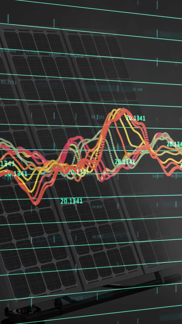 Vertical video: Waveform taking live data for tech UI shifting on teal grid updating green numbers