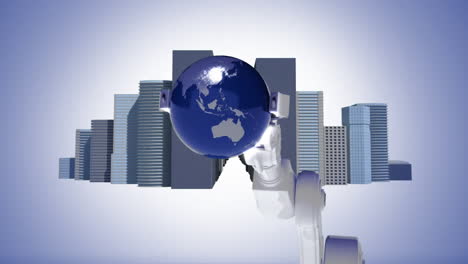 robotic arm holding spinning globe surrounded by buildings