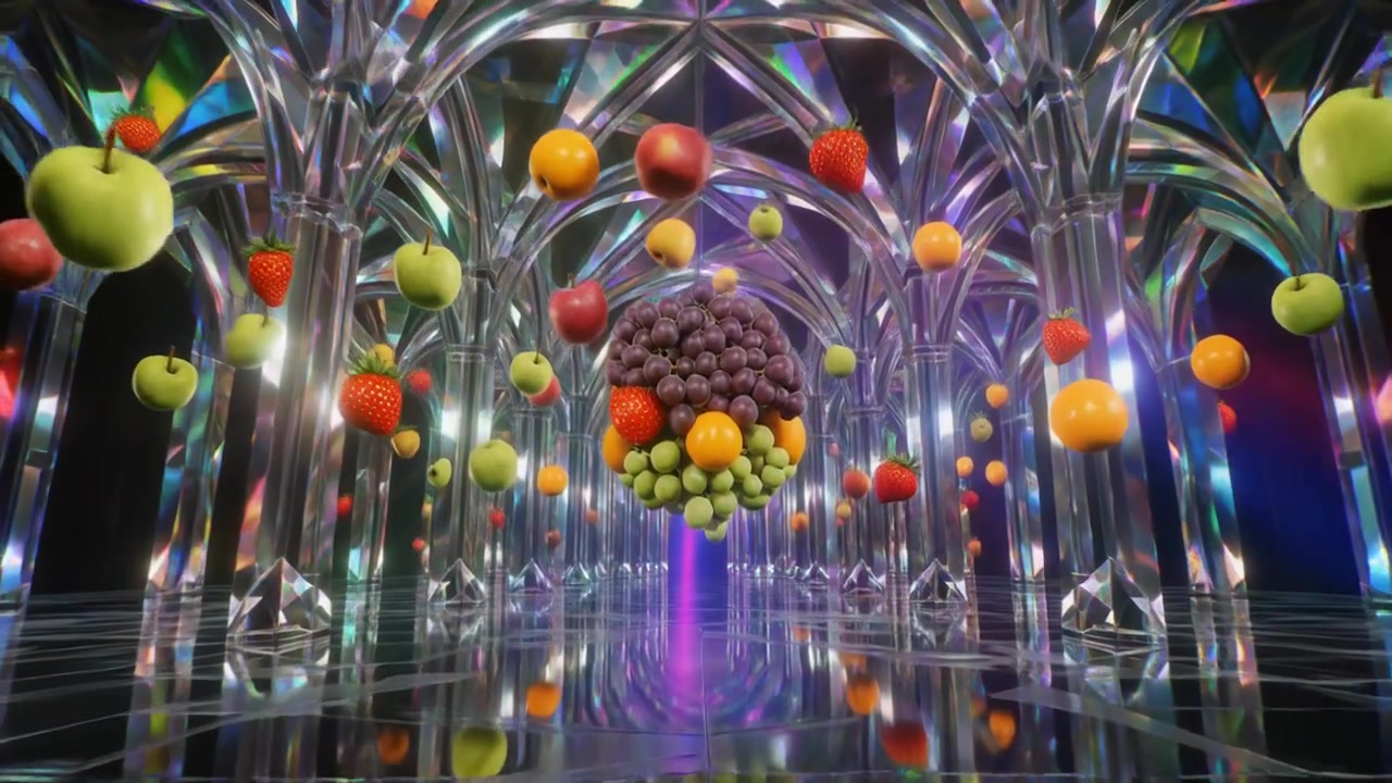 Floating Fruit Sphere in a Surreal Crystal Cathedral Hallway