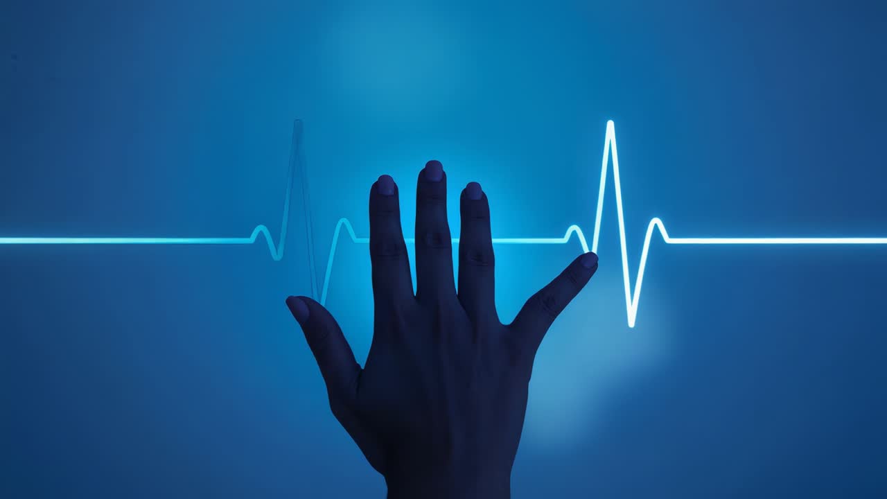 Reacting to pulsing ECG, hovering hand aligning fingers over blue backlit display, soft bokeh