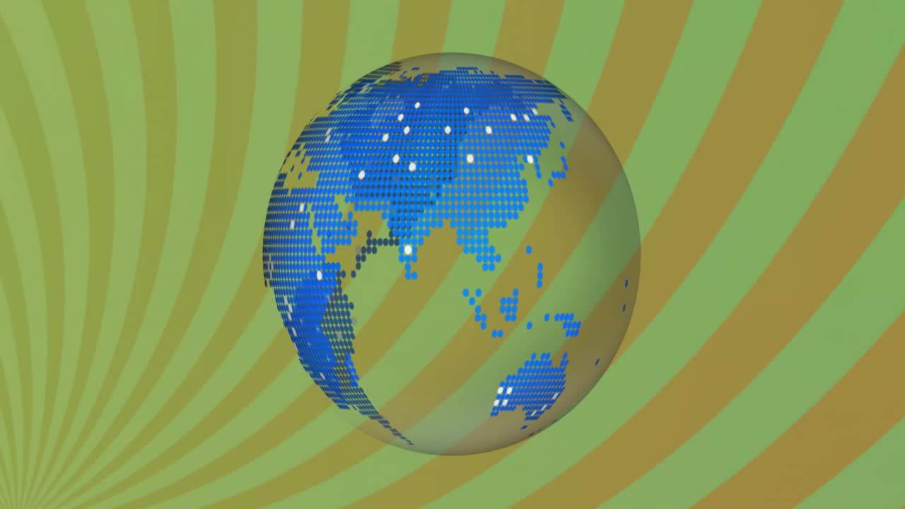녹색과 노란색 줄무 애니메이션 위에 파란 대륙으로 회전하는 지구