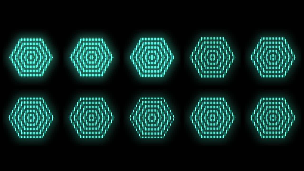 iconos geométricos hexágonos en filas con luz de neón en degradado negro
