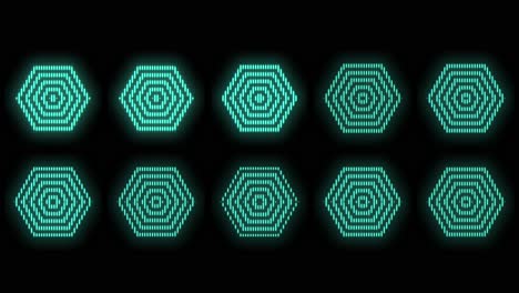 Sechsecke-Geometrische-Symbole-In-Reihen-Mit-Neonlicht-Auf-Schwarzem-Farbverlauf
