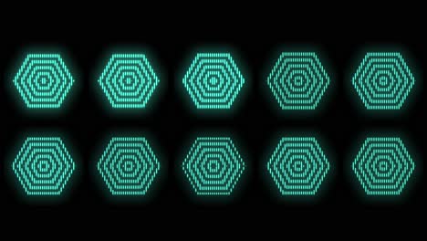 hexagons geometric icons in rows with neon light on black gradient