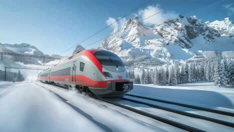 high-speed train through snowy mountains