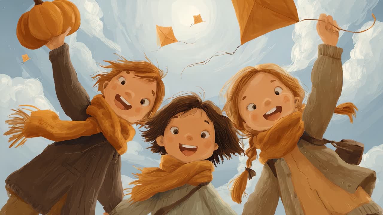Three Joyful Children with Kites and a Pumpkin Celebrate a Sunny Day Outdoors, Embracing the Joy of Playfulness and Friendship Under a Bright Sky