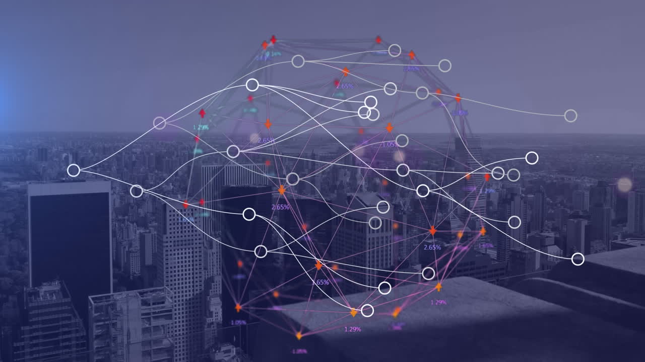 Animation of network of connections and data processing over city